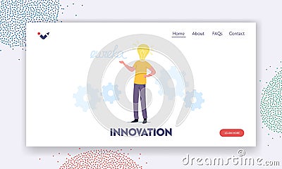 Business Man Work on Project Search Creative Idea Yell Eureka Landing Page Template. Male Character with Huge Bulb Head Vector Illustration