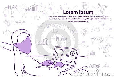 Business Man Working With Data On Laptop Computer Charts And Graphs Over Doodle Abstract Background Statistics Report Vector Illustration
