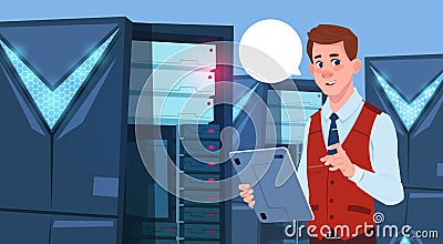 Business Man Working On Digital Tablet In Modern Database Center Or Server Room Businessman Engeneer Vector Illustration