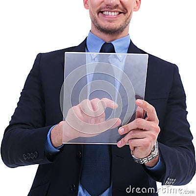 Business man works on transparent touch screen Stock Photo