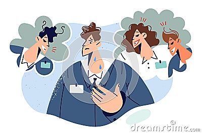 Business man worried about bullying from colleagues criticizing ideas and plans out of envy Vector Illustration