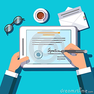 Business man writing an electronic signature Vector Illustration