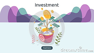 Business management growth concept. Returns on investment isometric vector illustration with money coin plant in flower pot. Vector Illustration