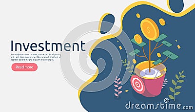 Business management growth concept. Returns on investment isometric vector illustration with money coin plant in flower pot. Vector Illustration