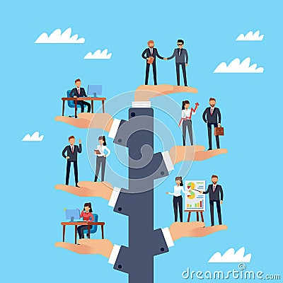 Business management. Hierarchy of employees in company, different departments, career growth, professional development Vector Illustration