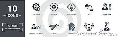 Business Management icon set. Contain filled flat achievement strategy, change management, peer benchmarking, accrection, roi, Stock Photo