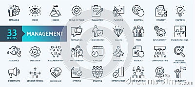 Business Management Outline Icon Collection. Thin Line Set contains such Icons as Vision, Mission, Values, Human Resource, Experie Vector Illustration