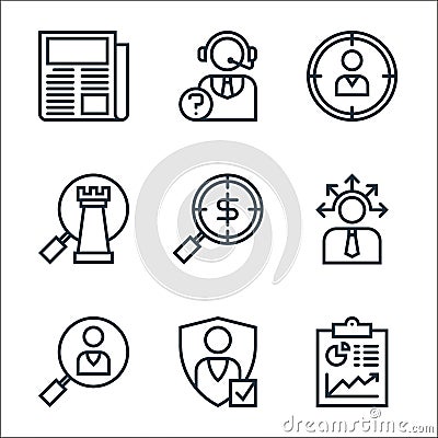 business marketing line icons. linear set. quality vector line set such as business report, authentication, find, opportunity, Vector Illustration