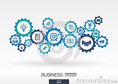 Business mechanism concept. Abstract background with connected gears and icons for strategy, digital marketing concepts Vector Illustration