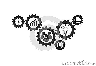 Business mechanism concept. Abstract background with connected gears and icons for strategy, research, concepts. Vector Vector Illustration