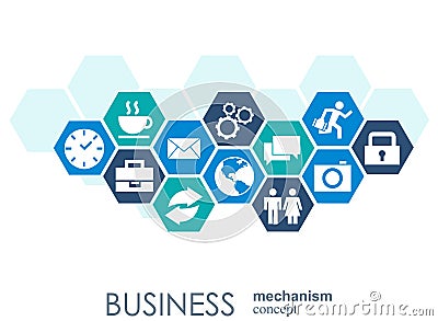 Business mechanism concept. Abstract background with connected gears and icons for strategy, service, analytics Vector Illustration