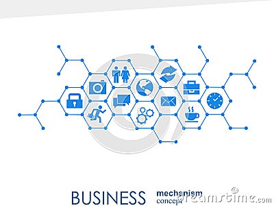 Business mechanism concept. Abstract background with connected gears and icons for strategy, service, analytics Vector Illustration