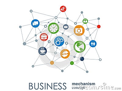 Business mechanism concept. Abstract background with connected gears and icons for strategy, service, analytics Vector Illustration