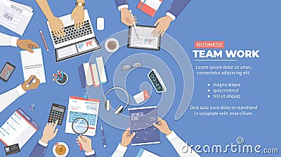 Business meeting and brainstorming. Office team work concept with people hands. Analysis, planning, consulting, project management Vector Illustration