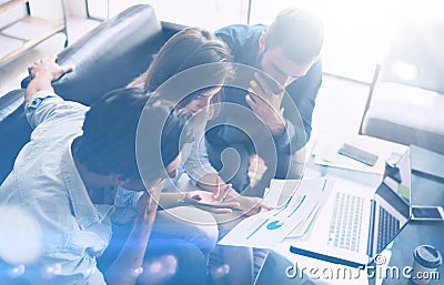 Business meeting concept.Coworkers team working new startup project at modern office.Analyze business documents, laptop Stock Photo