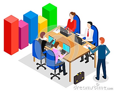 Business meeting, conference, growing chart, graphic, people sitting around of table with laptops Stock Photo