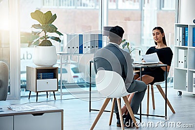 Business meeting, hiring and cv of a corporate woman with hr and communication in office. Paperwork, interview and Stock Photo