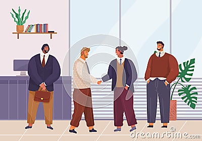 Business meeting, office room, male partners shake hands, sign of concluding contract. Office staff Vector Illustration