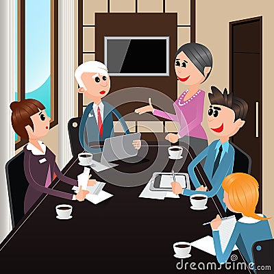 Business Meeting. Office Workers with Laptops, Tablets Vector Illustration