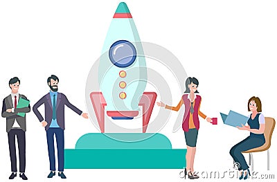 Business meeting with people and rocket launch. Innovative project flying up rocket. Startup concept Vector Illustration
