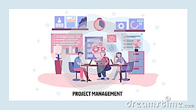 Business meeting and presentation. Project management team. Business education seminar with 3d projector. Vector web Vector Illustration