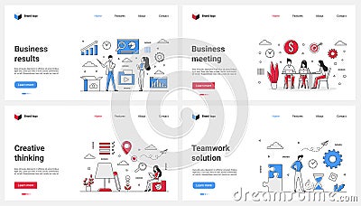 Business meeting and results, team decision, brainstorm set and solutions of tiny people Vector Illustration