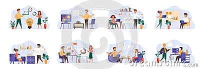 Business meeting scenes bundle with people characters. Cartoon Illustration