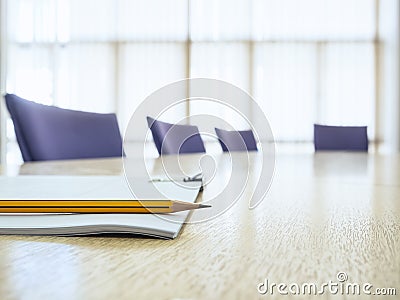 Business meeting Table with Seats Book and Pencil Board room Stock Photo