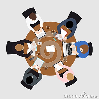 Business meeting top view on brown circle table conference office team . Vector Illustration