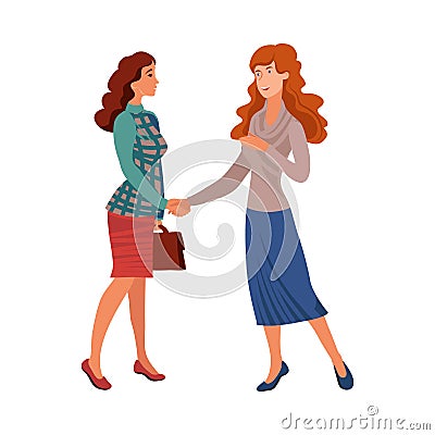 Business meeting of two office women shaking hands. Vector illustration in flat cartoon style. Vector Illustration