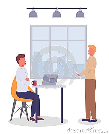 Businessman chief sitiing at a table listening to employee holding paper document in hand Vector Illustration