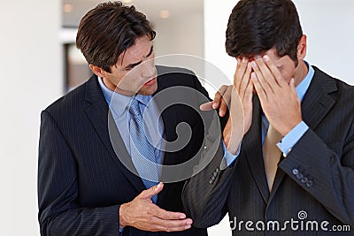 Business men, talking and disappointed with partner for stress and problem of occupation for corporate deal. Manager or Stock Photo