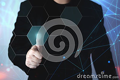 Business men use their thumbs to touch Fingerprint scanning system. Stock Photo