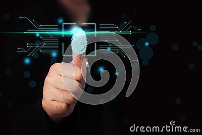 Business men use their thumbs to touch Fingerprint scanning system Stock Photo