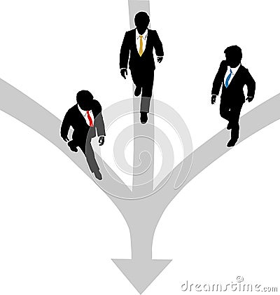 Business men walk 3 paths together toward one Vector Illustration