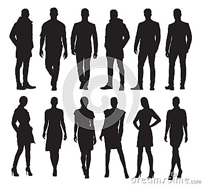 Business men and women in different poses, set of silhouettes Vector Illustration