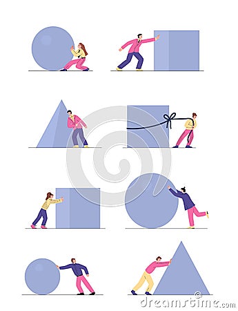 Business men and women pushing and pulling heavy stones, flat vector illustration isolated on white background. Vector Illustration