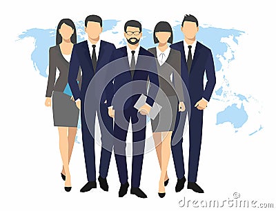 Business men and women silhouette. team businesspeople group hold document folders on world map background vector Illustration Vector Illustration