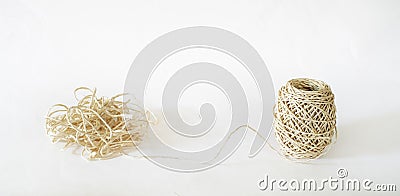 Business metaphor,solution,innovation,idea,consulting,ball of band and messy ravel of band,isolated on white,copy space Stock Photo