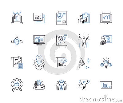 Business metrics outline icons collection. Revenue, Profit, Cost, Efficiency, Demand, Quality, Pricing vector and Vector Illustration