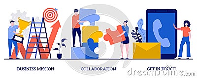 Business mission, collaboration, get in touch concept with tiny people. Set of Company development direction, team building Stock Photo