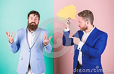 Business misunderstanding. Business team work on solving problem. Share opinion speech bubble copy space. Businessmen Stock Photo