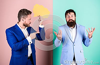 Business misunderstanding. Business team work on solving problem. Share opinion speech bubble copy space. Businessmen Stock Photo