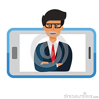 Business mobile application, businessman in smartphone cartoon flat vector illustration concept on isolated whit Vector Illustration