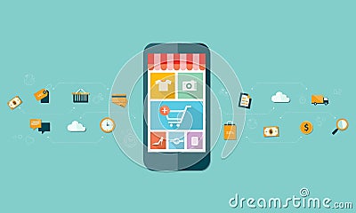 Business mobile online shopping on mobile device background Vector Illustration