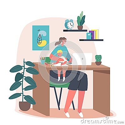 Business Mom at Home Office Workplace. Young Mother Character Work on Laptop with Little Child Sitting on Knees Painting Vector Illustration