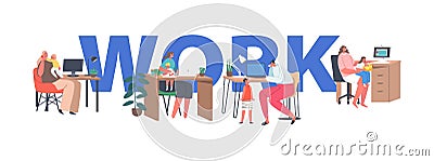 Business Mom Work at Home Concept. Mother with Kids Sit at Desk Working on Computers. Freelance Workers with Children Vector Illustration