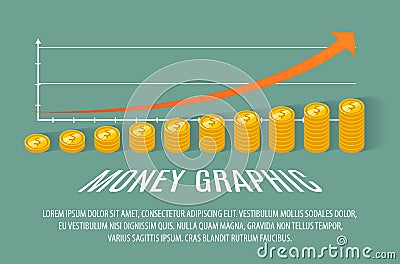 Business money flat bunner growth graph. Coins vector illustration. Coins icon in a flat style. Stack of coins on a Vector Illustration