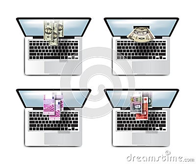 Business. Money online profits. Laptop icon set Vector Illustration