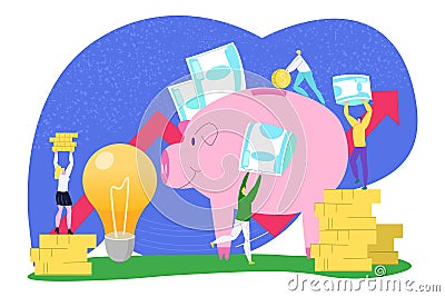 Business money saving, flat financial coin vector illustration. Man woman people bank investment for cartoon idea Vector Illustration